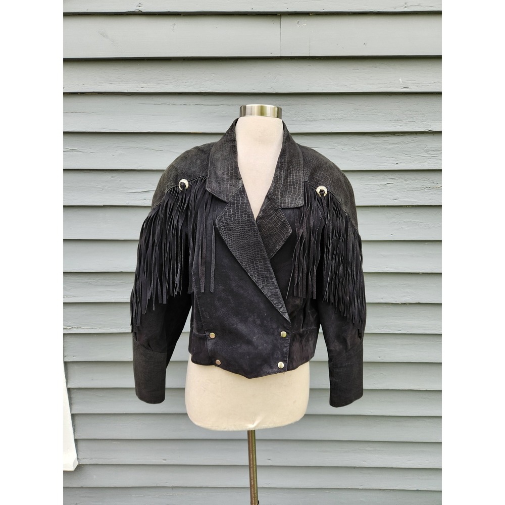 Vintage 90s Roxciticus Leather Fringe Jacket Black Western Concho Cropped Suede